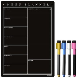 TMS Magnetic Weekly Planner with Liquid Chalk Pens, Fridge Kitchen Blackboard - Meal Planner and Shopping List - Dry Wipe Magnetic Chalkboard, Family Planner Whiteboard (Black Chalkboard, A4)