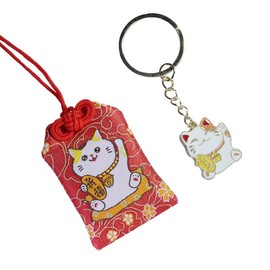 Sundarwald Fortune Cat Japanese Omamori & Keychain, Maneki Neko Good Luck Charms, Red Color for Blessing Love Friendship Wealth, Energy Protection, Cartoon Lucky Cat Japanese Figurine