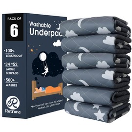 Retrona® Washable Underpads 34" x 52" Pack of 6 Heavy Absorbency Reusable Bedwetting Incontinence Pads for Adults, Kids, & Pets - Waterproof Protective Pad for Bed, Couch, Sofa, Floor (6 Pack - 34x52)