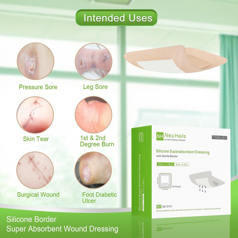 NeuHeils Silicone Super Absorbent Wound Dressing 4''x4'' 20 Packs, Self-Adhesive