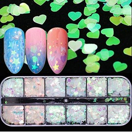 12 Holographic Laser Mermaid Nail Sequins Beauties Factory Flake Heart Butterfly Confetti Art Decals Iridescent Glitter Star Shapes Designs Manicure Tips DIY Decorations