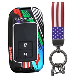 HIBEYO Key Fob Cover Compatible with Toyota Avalon Camry Corolla Highlander Rav4 4Runner Land Cruise Vehicle Accessories Metal Painted Sports Style Key Shell with US Flag Keychains-2 Button Black