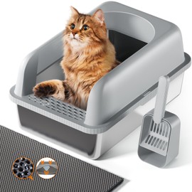 Enclosed Stainless Steel Cat Litter Box with Lid, Metal Litter Box for Big Cats, Extra Large Cat Litter Box, Kitty Litter Box, Non-Sticky, Anti-Leakage, Easy Cleaning, Include Litter Mat & Scoop