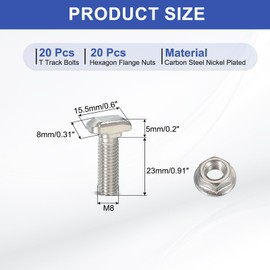 PATIKIL M8 x 25 mm T-Slot Bolts, 1 Set Drop-in Bolt Hammer Head with Hexagon Flange Nuts T-Bolt Stud Sliding Screw for 30 Series Aluminum Extrusion Profile, Silver