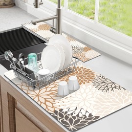 2PCS 12"x 20" Dish Drying Mat & 24" x 5.5" Sink Splash Guard, Super Absorbent & Cuttable Dish Mat Drying Kitchen Mat with Brown Floral, Hide Stain Draining Mat for Kitchen Counter Coffee bar Decor