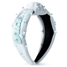 PANTIDE Something Blue Bride Jeweled Knotted Headband - Bride to Be Bridal Shower Gift Bow Pearl Embellished Headband Bachelorette Party Wedding Accessories Bridesmaid Gift (White)