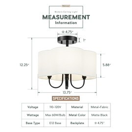 METWET 4-Light Semi Flush Mount Ceiling Light, 13.5" Vintage Light Fixtures Ceiling Mount with Fabric Shade in Quatrefoil for Kitchen Entryway Hallway Bedroom, Matte Black, SM179-MB