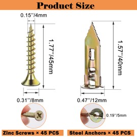 Sunxeke 90 Pcs Self Drilling Drywall Anchors with Screws,45 Sheetrock Anchors (0.47x1.57 inch) & 45 Zinc Expansion Screws,2025 Upgraded Zinc Plated Steel,No Drill Needed,Perfect for Wall Hanging