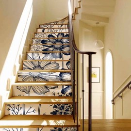 Flortlias 15Pcs Leather Textured Vinyl Peel and Stick Stair Riser Decals, Self-Adhesive Staircase Riser Stickers, 39.37"x7.09" Vintage Sketch Daisy