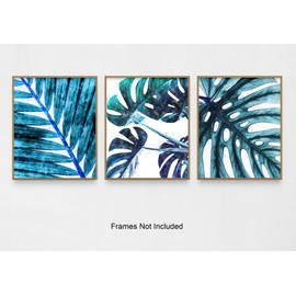 Blue Tropical Leaf Botanical Wall Art 3 Piece Print Set 8x10, Unframed Cute and Calming Monstera and Palm Leaves for Bathroom, Bedroom Home Decor