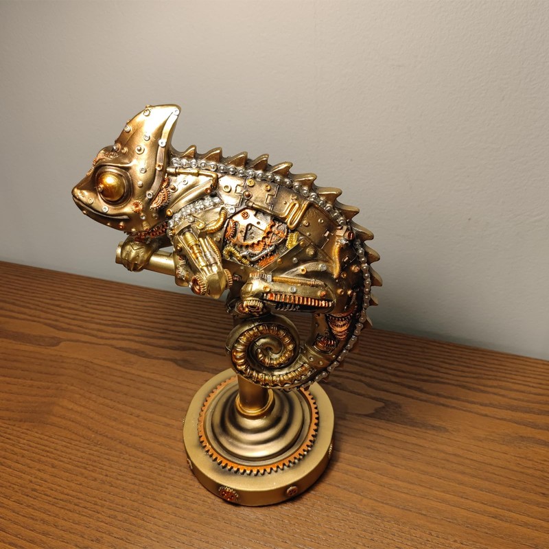 GENUINQ Steampunk Lizard Chameleon Statue Hand Painted Sculpture Resin Cyborg