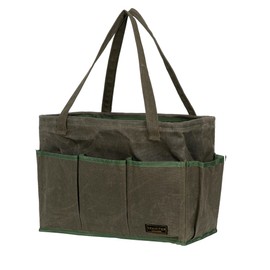 Tool Bag with Metal Frame, Waxed Canvas Wide Open Top Tool Tote Bag with 9 External Pockets, 15.5 x 7.5 x 10.5 Inches (ArmyGreen)