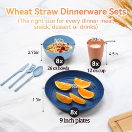 Wheat Straw Dinnerware Sets,56-Piece Plates and Bowls Sets for 8-Unbreakable,Reusable Plastic Dish Set-Dinner Plate/Cereal Bowl/Cup/Utensils-Microwavable Dishwasher Safe 56P-Deep Blue