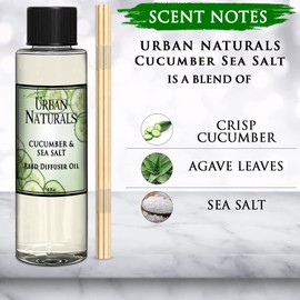 Urban Naturals Cucumber Sea Salt Reed Diffuser Oil Refill Kit | Fresh, Crisp Cucumber, Agave Leaves & Sea Salt | Essential Oil Room Scent + Replacement Reed Sticks | Made in The USA