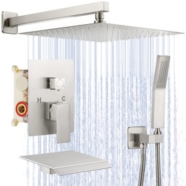 JOMEOO 12 Inch Shower System with Tub Spout, 3 Function Brushed Nickel Bathtub Shower Faucet Set, Wall Mounted Bathroom High Pressure Shower Head with Handheld Sprayer Rough in Valve Body and Trim