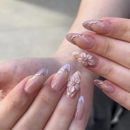 Almond Press On Nails Pink Glitter French Tip Fake Nails 3D Flower Gold Wavy Line Designs Handmade Glue On False Nails Reusable Manicure Kit for Women Bridal Wedding Daily Elegant Party 24pcs