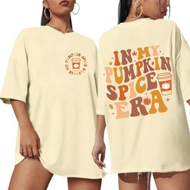 in My Pumpkin Spice Era Shirts for Women Oversized Funny Pumpkin Coffee Graphic T-Shirts Thanksgiving Tee Fall Season Tops-Beige XXL