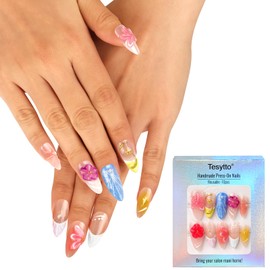 Tesytto Handmade Press-On Nails - Trendy Almond French Tips, Reusable & Salon-Quality, Quick Application (Sheer Floral Glow, Small)