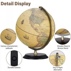 BSHAPPLUS 12'' Retro Illuminated World Globe with Wooden Stand, 2-1 Educ & Décor Antiqu...