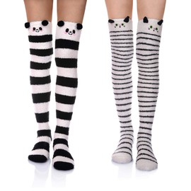 Wander G - Calcetines largos para mujer, con diseño de dibujos animados, cálidos, cálidos, a rayas, para las piernas, 2 pares de panda/gato, One Size