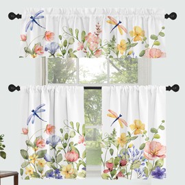 Fereyis Floral Leaves Curtain for Kitchen Bathroom Watercolour Pink Yellow Flower Rod Pocket Window Curtain Tier Curtains Valance Set 3 Pcs Plant Printed Curtains 54 x 18 inches + 27 x 36 inches *2