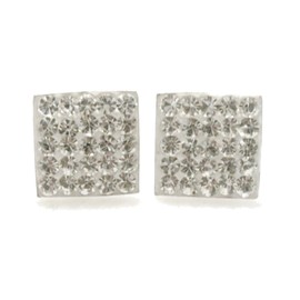10MM Bling MENS LARGE Square Micro Pave Austrian Crystal Sterling Silver Stud Earrings - White/Clear - Beckham Style