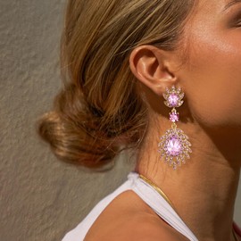 EVER FAITH Pink Crystal Dangle Earrings for Women, Sparkly Rhinestone Vintage Style Art Deco Pierced Drop Earring Wedding Prom Party Jewelry for Brides Bridesmaid Gold-Tone