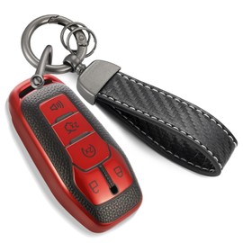 CTRINEWS for Ford Key Fob Cover with Carbon Fiber Style Belt Keychain, Upgraded TPU Surface Grain Case for Fusion Mustang F150-350 Edge Explorer Lincoln MKC (5 Button) (Red, A1)