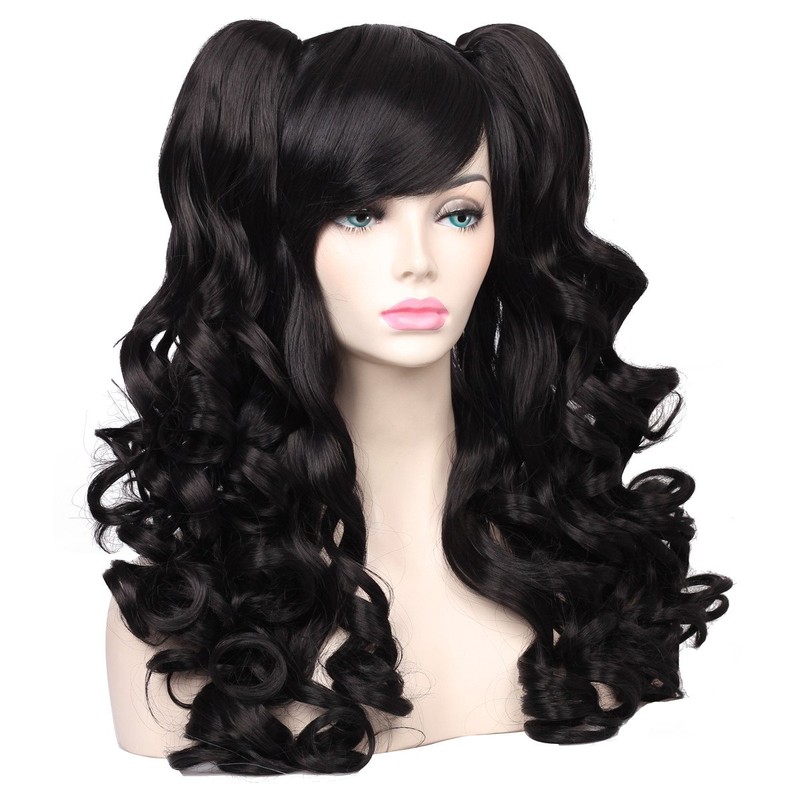 ColorGround Long Curly Cosplay Wig with 2 Ponytails(Black)