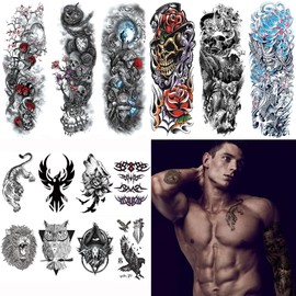 6 Sheets Full Arm Temporary Tattoos and 8 Sheets Temporary Tattoos for Men Adults, Temp Tattoos Sleeve For Women, Waterproof Body Arm Chest Shoulder Fake Tattoo Stickers Flower Animal