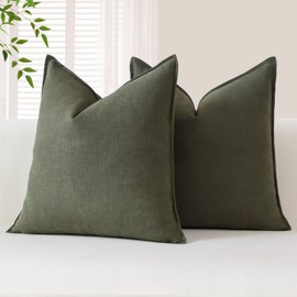 OTOSTAR Pack of 2 Soft Linen Decorative Throw Pillow Covers 18 x 18 Inch Solid Farmhouse Pillowcases Boho Accent Pillow Covers for Sofa Couch Chair Bedroom Home Decor Cushion Covers, Olive Green