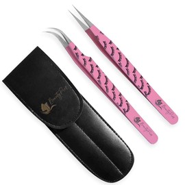 BeautyPros Eyelash Extension Set - Stainless Steel Straight & Curved Tweezers - Classic Tip Tweezers for Volume Eyelash Extension - 2 Pack - Pink Tweezers (Lash Print)