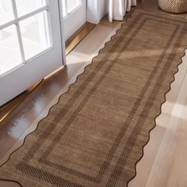 Lahome Washable Runners for Hallways, 2.5x8 Kitchen Runner Rug Non Slip Modern Scalloped Hallway Rug, Soft Ultra-Thin Solid Indoor Carpet for Entryway Bedroom Bathroom Laundry, Brown
