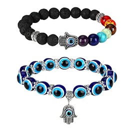 2Pcs Blue Evil Eye Bead Bracelets for Protection Hamsa Hand Fatima Turkish Bracelets 7 Chakra Lava Stone Stretch Bracelet for Women Men (A:Hamsa +7 Chakras)