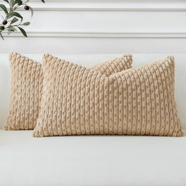 Sungeek Set of 2 Tan Soft Corduroy Decorative Cushion Covers Boho Striped Throw Pillow Covers for Sofa Couch Living Room Patio Farmhouse Home Decor Pillowcases 40x60cm