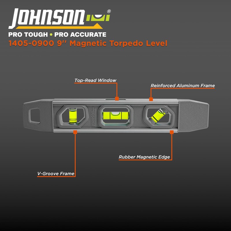Johnson Level & Tool 1405-0900 Magnetic Aluminum Torpedo Level, 9",