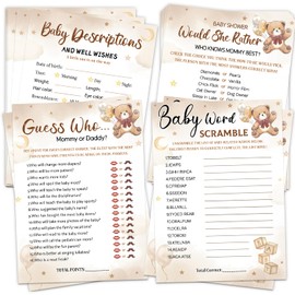 HOMANGA Baby Shower Games for Boy or Girl, 4 Funny Games for 25 Guests, Who Knows Mommy Best, Guess Who, Word Scramble, Gender Neutral Bear Design Baby Shower Decorations