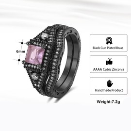 Danielle Wedding Ring Set for Women by Ginger Lyne | Black Plated Engagement Ring for Women | Black Purple Pink or Blue Cubic Zirconia Wedding Band Gothic Birthstone Bridal Jewelry