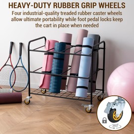 MyGift Professional Rolling Yoga Mat Holder Rack, Modern Industrial Matte Black Storage Organizer for Floor Workout Exercise Gym Mats with 4 Caster Wheels