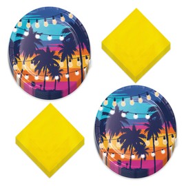 Summer Vibes Party Sunset Beach Palm Paper Dinner Plates, and Lunch Napkins (Serves 16)