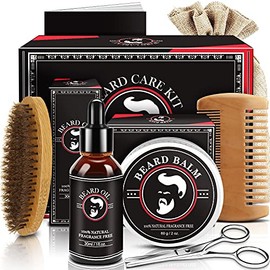 Kit de crecimiento de barba para hombres – Kit de aseo de barba con aceite para barba, bálsamo para barba, cepillo para barba, peine para barba, tijera, bolsa de almacenamiento, kit de cuidado de la barba regalos para hombres, papá, él, novio, hermano, marido