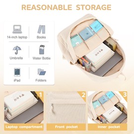 LEDAOU Backpack for Teenagers Girls School Backpack Large Book Bags Primary School High School Cord Lightweight Laptop Bags for Girls Women Casual Travel Daypacks, Corduroy Pure Beige