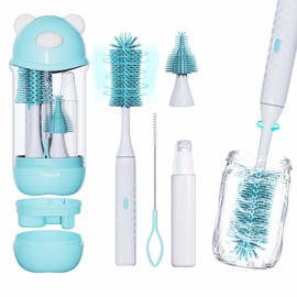 Electric Bottle Brush Cleaner Set, Bear-Shaped Travel Baby Bottle Cleaner Kit with Silicone Nipple & Straw Brush, Soap Dispenser, Drainage Rack, Storage Box (Sky Blue)