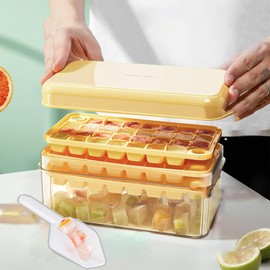 Kuhhgui Ice Tray, Ice Maker, Ice Maker, Ice Maker, Ice Making Container, Take Out Ice in 1 Second, Ice Mold with Lid, Square Ice, Large Capacity, Household Use, Small Divided Plastic, 9.3 x 5.2 x 3.9