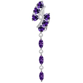 Purple CZ Crystal Stone Tetra Heart with Triple Marquis Dangling Reverse Bar 925 Sterling Silver Belly Ring Body Jewelry