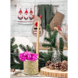 Serene Spaces Living Cottage Cane Wrapped Glass Hurricane Candle Holder, Flower Vase, Table Centerpiece, Boho Wedding Reception Decor, Living Room, Fireplace Mantel, Set of 2, 4" Diameter & 4" Tall