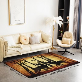 Deer Living Room Rugs Retro Western Accent Rug Cover Jungle Hunting Decor Carpet Room Decor Rustic Antlers Style Indoor Floor Mat Area Rug 5x7 Accent Rug