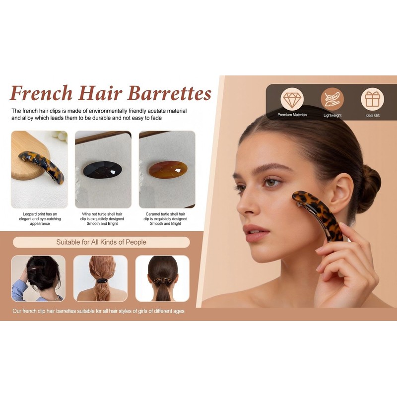 3Pcs French Hair Barrettes, Tortoise & Leopard Acetate Clips