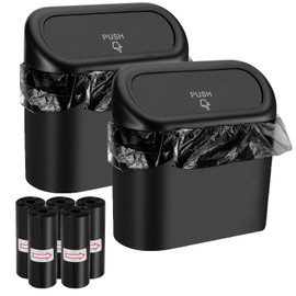 2 Cubo de Basura para Coche con Tapa, Mini Bote de Basura Portátil para Auto, Bote de Basura Pequeño, Bote de Basura Impermeable para Coche, Oficina, Hogar, 5 Rollos de Bolsas de Basura