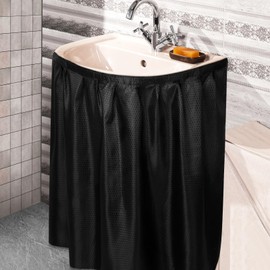Windkream Fabric Sink Skirt Diamond Bathroom Stitch Self Stick Adhesive Waterproof Fabric Under Sink Curtain Skirt 55 x 32 Inch Adds Bathroom Storage(Black,Classic Style)
